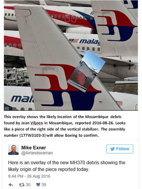 Malaysia Airlines Boeing 777-200ER Vol MH-370 immatriculé 9M-MRO porté disparu - Page 25 Air-journal_MH370-Mozambique-debris-impact-expert@Mike-Exnert