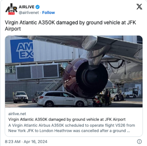 Un Airbus A350-1000 de Virgin Atlantic endommagé par un impact avec un véhicule à New York-JFK 1 Air Journal