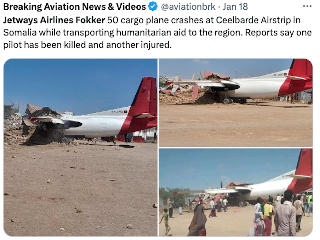 Un Fokker 50 de Jetways Airlines s'écrase à l'atterrissage en Somalie : un pilote décédé 1 Air Journal