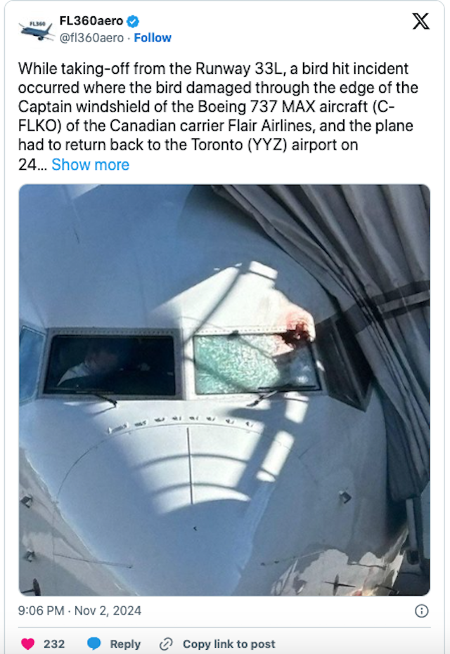 Choc aviaire pour Flair Airlines : pare-brise brisé et un retour d’urgence à Pearson 27 Air Journal
