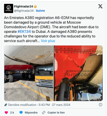 Un camion s’encastre sous un A380 d'Emirates à Moscou : des dommages importants 1 Air Journal