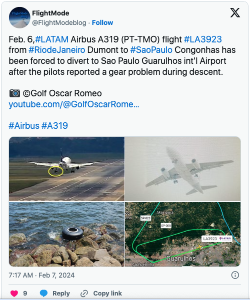 Un A319 de LATAM atterrit à Sao Paulo avec une roue manquante retrouvée plus tard à Rio 1 Air Journal