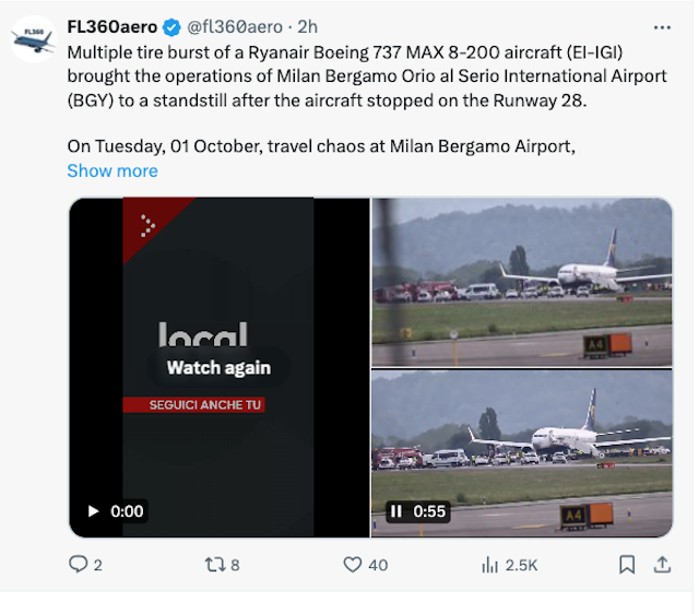 L'aéroport de Milan Bergame contraint de fermer hier après l'explosion de pneus d'un avion de Ryanair à l'atterrissage 30 Air Journal