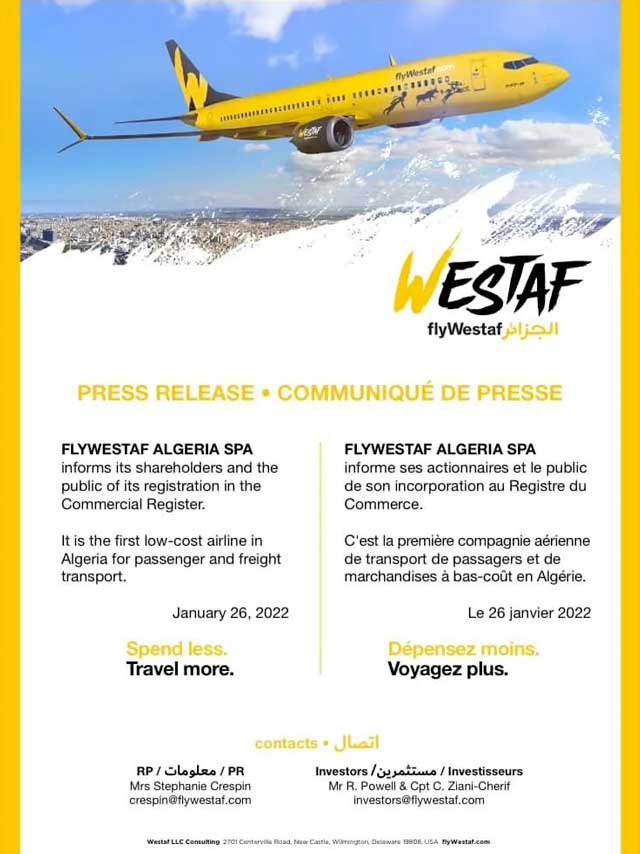 FlyWestaf : décollage bientôt de la première low cost en Algérie ? 1 Air Journal FlyWestaf : décollage bientôt de la première low cost en Algérie ? 1 Air Journal