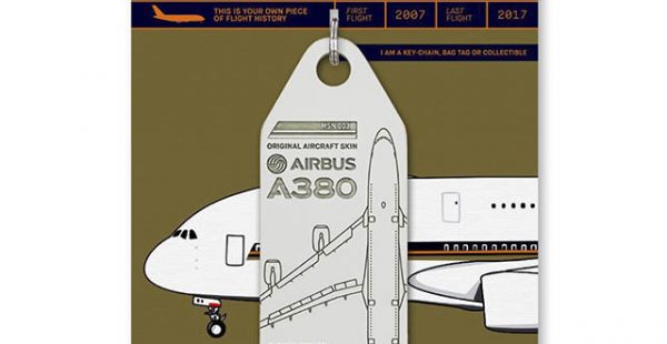 La   peau » du premier Airbus A380 démantelé a été recyclée entre autres en étiquette de bagage nommée Aviation