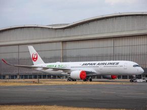 Le troisième Airbus A350-900 de la compagnie aérienne Japan Airlines, revêtu de sa livrée spéciale verte, s’est envolé pou