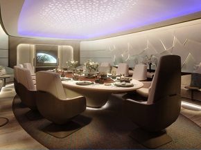 
Lufthansa Technik a présenté lors du salon EBACE un premier concept de cabine pour le Boeing BBJ 777-9, tandis que selon son pr