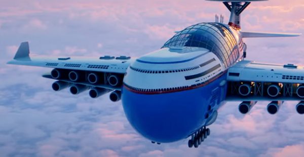 
Oublions toute notion d’aérodynamique et de physique et rêvons un peu de cet hôtel volant à propulsion nucléaire qui pourr